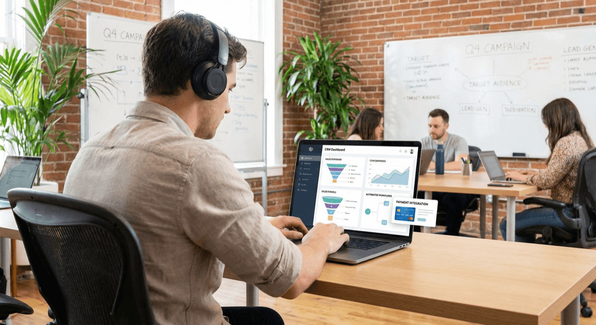 Marketing agency professional setting up payment processing in a CRM dashboard
